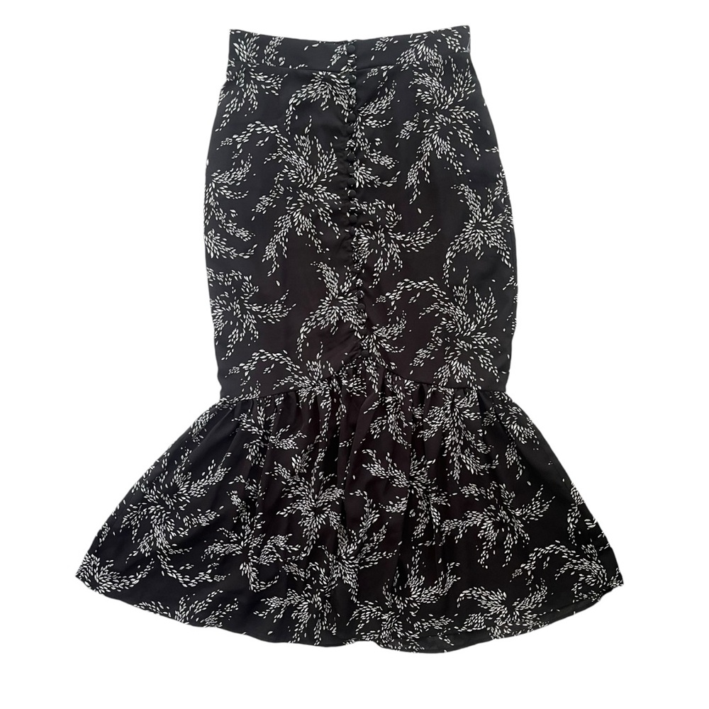 Entro Women’s Sz Small Black White Floral Print Button Front Fishtail Midi Skirt